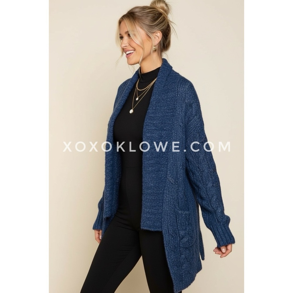 POL Ocean Blue Open Front Cable Knit Cardigan | Relaxed Fit - Picture 7 of 9
